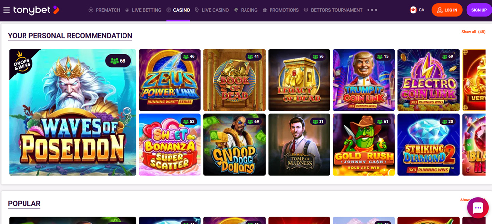 Tonybet user interface